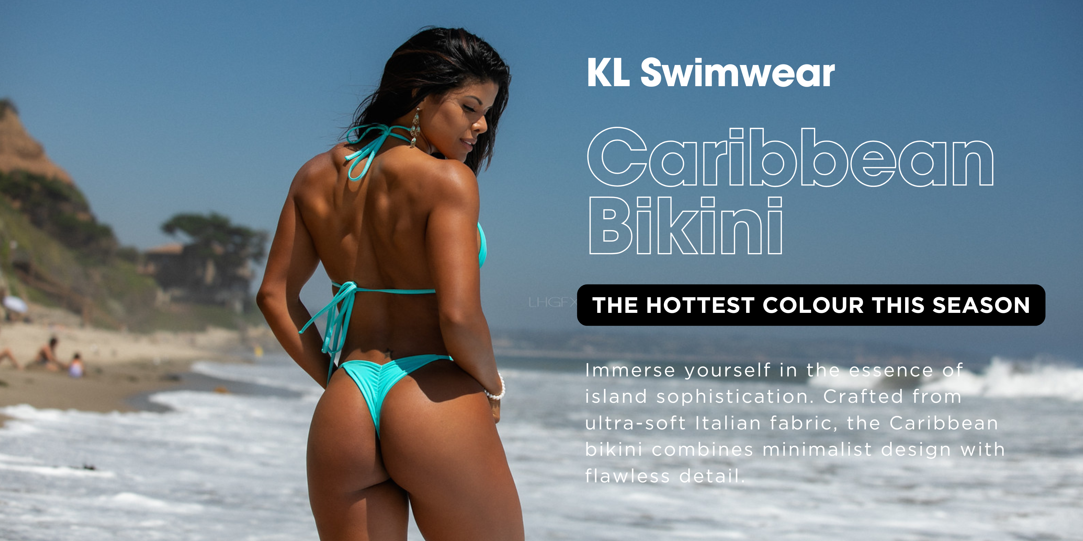 Woman in a turquoise bikini on a beach with KL Swimwear branding.